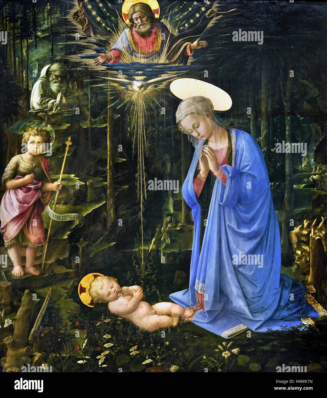 Maria, verehren das Kind mit St. John das Kind und den Heiligen Romuald (Anbetung in den Wäldern) Altarbild Fra Filippo Lippi, Maler um 1459 Italien Italienisch Stockfoto