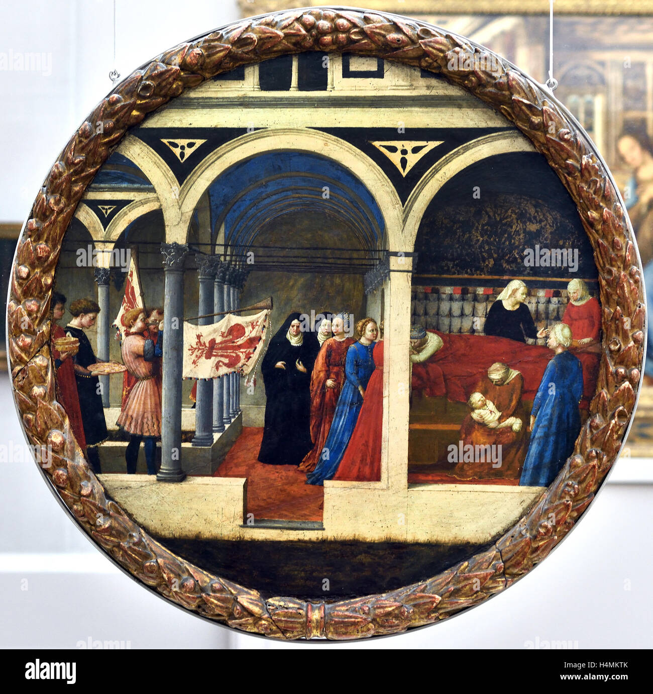 Eine Delegation aus der Stadt Florenz besucht eine Frau im Bett der Woche (Teil der Polyptichon des dreistöckigen Altarbild von Santa Maria del Carmine in Pisa) 1420 Masaccio1401 - 1428 Rom Maler Italien Italienisch 14. Jahrhundert (Vorderansicht) Stockfoto