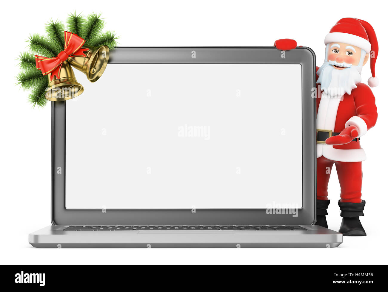 3D-Illustration zu weihnachtsleuten. Santa Claus mit leerem Bildschirm Laptop. Isolierter weißer Hintergrund. Stockfoto