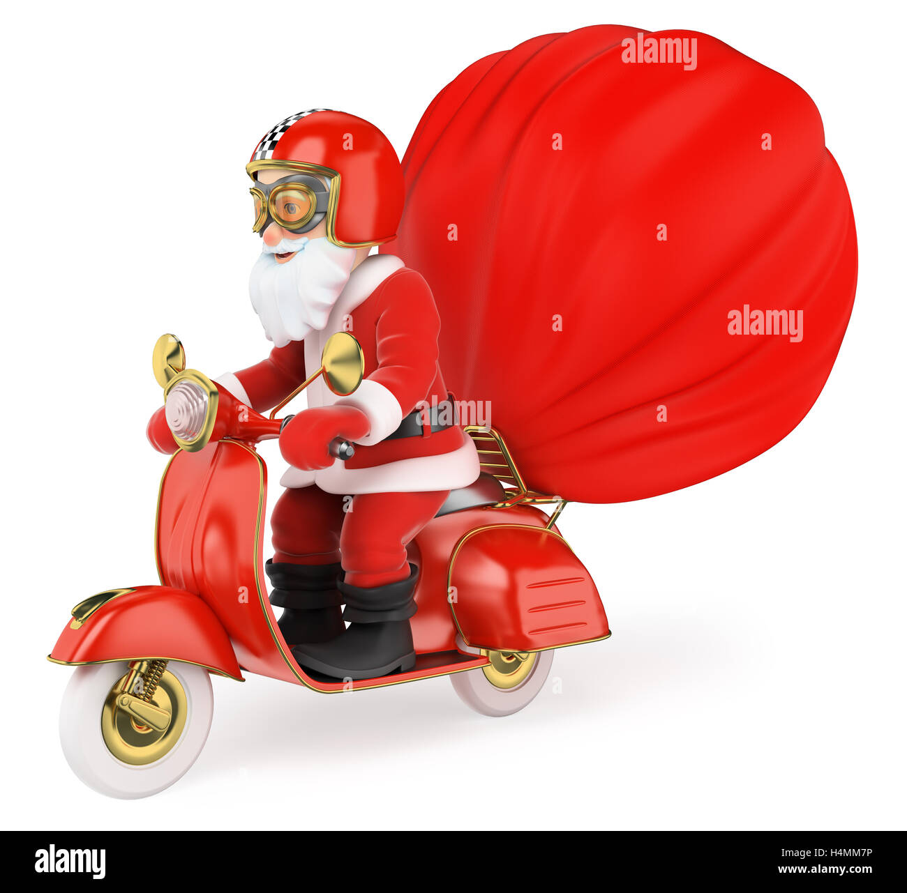 3D Weihnachten Menschen Abbildung. Weihnachtsmann, die Geschenke zu liefern, mit dem Motorrad. Isolierten weißen Hintergrund. Stockfoto