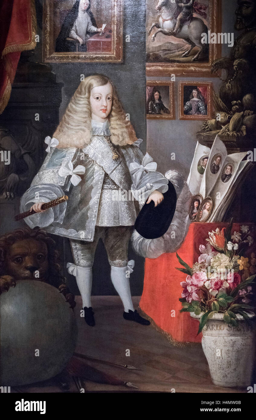 Sebastián de Herrera Barnuevo (1619-1671), Porträt von Karl II. (1661-1700) Kind mit seiner Vorfahren, ca. 1667. Stockfoto