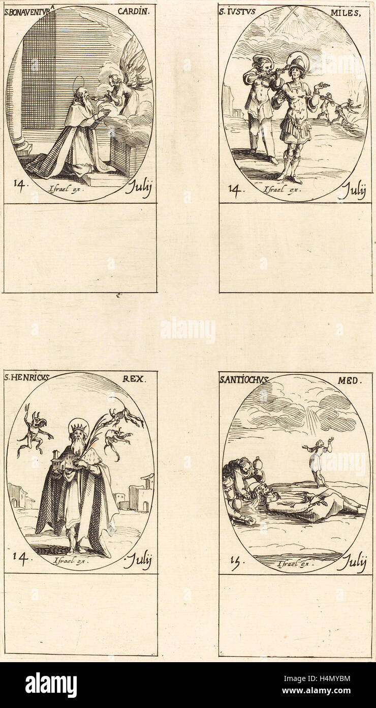 Jacques Callot (Französisch, 1592-1635), St. Bonaventura; St. Justus; St. Heinrich, Kaiser; St. Antiochus, Radierung Stockfoto
