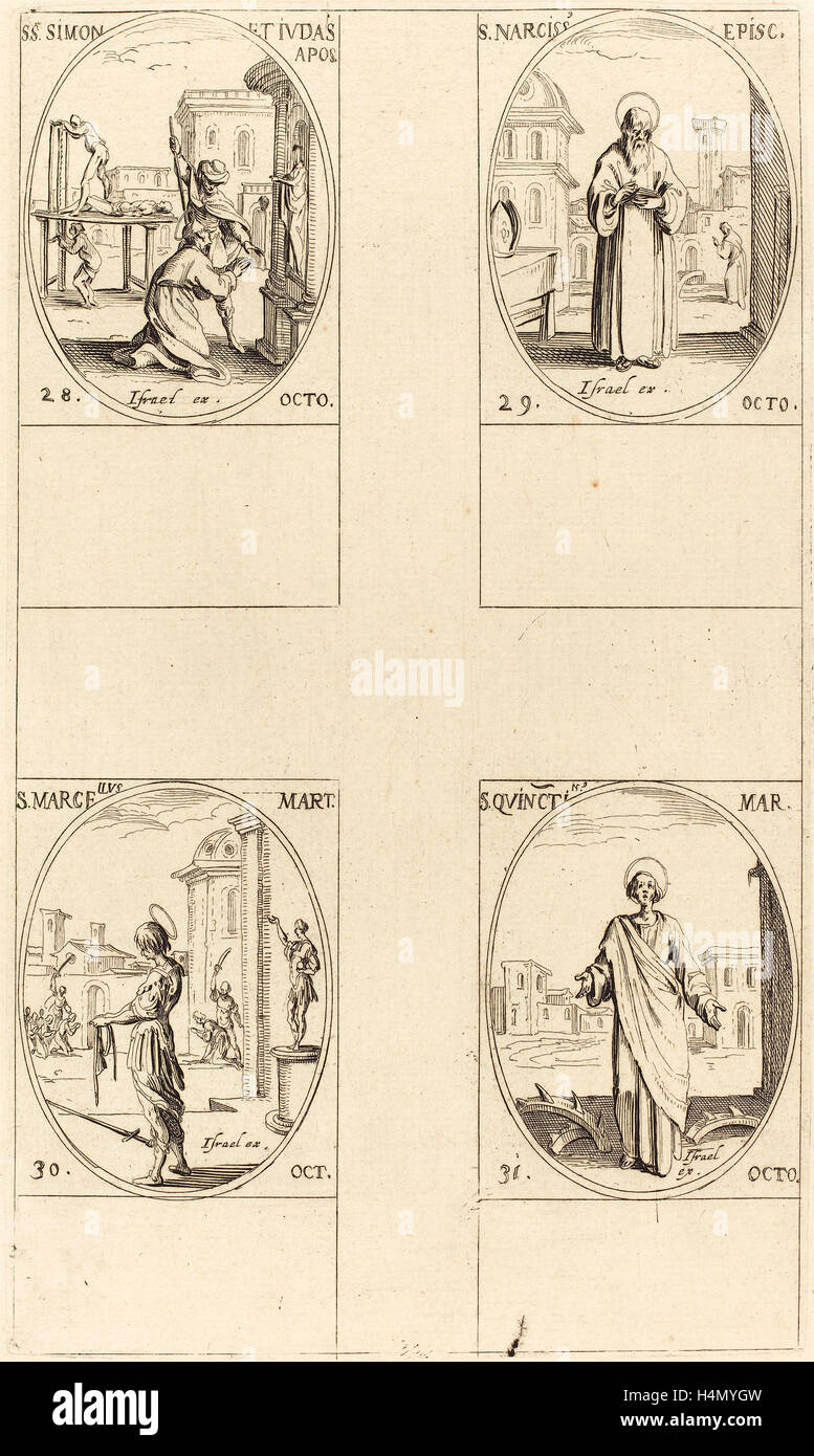 Jacques Callot (Französisch, 1592-1635), St. Simon und Judas, Apostel;  St. Narcissus; St. Marcellus; St. Quintin, Radierung Stockfoto