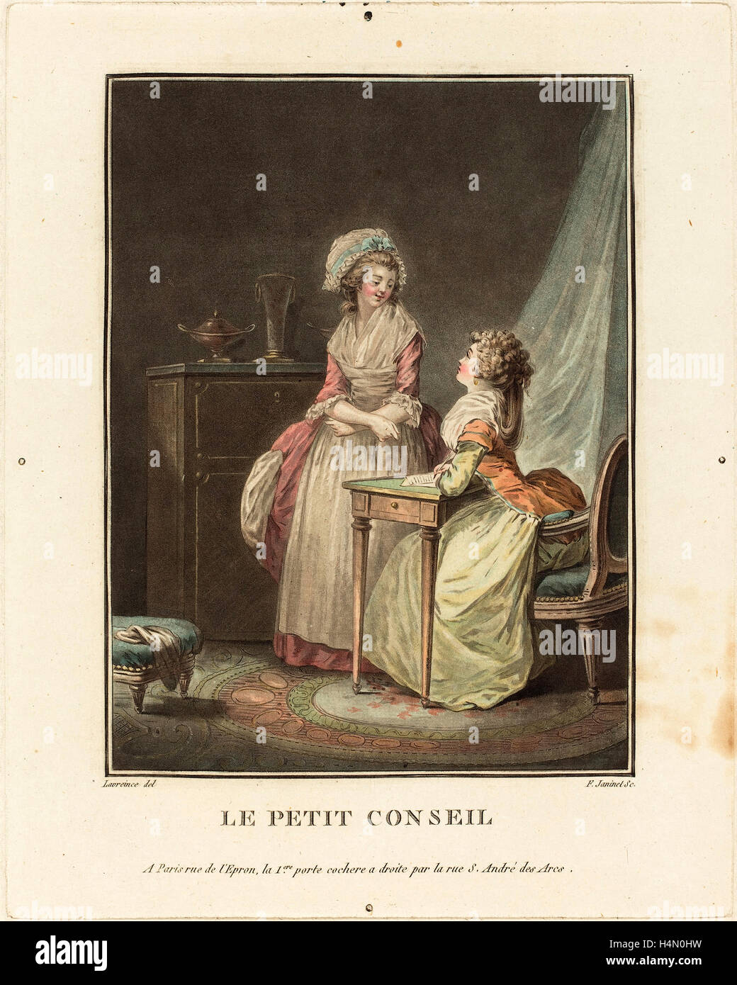Jean-Francois Janinet nach Nicolas Lavreince (Französisch, 1752-1814), Le petit Conseil, Farbe Aquatinta Stockfoto
