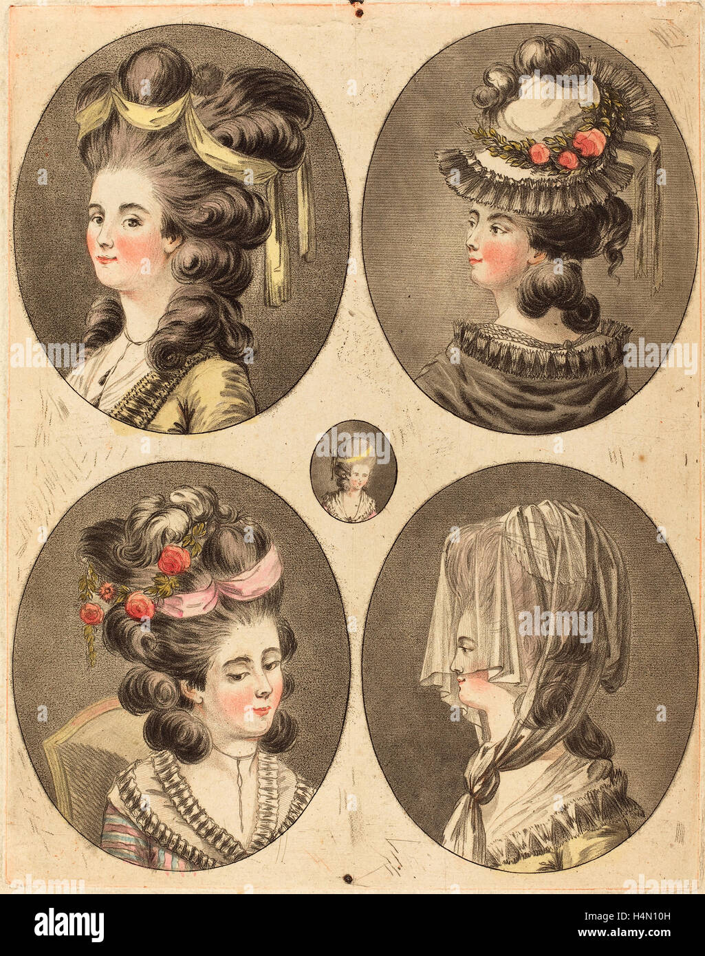 Jean-Francois Janinet (Französisch, 1752-1814), Modeles de Frisuren, Farbe Kreide Weise Radierung Stockfoto