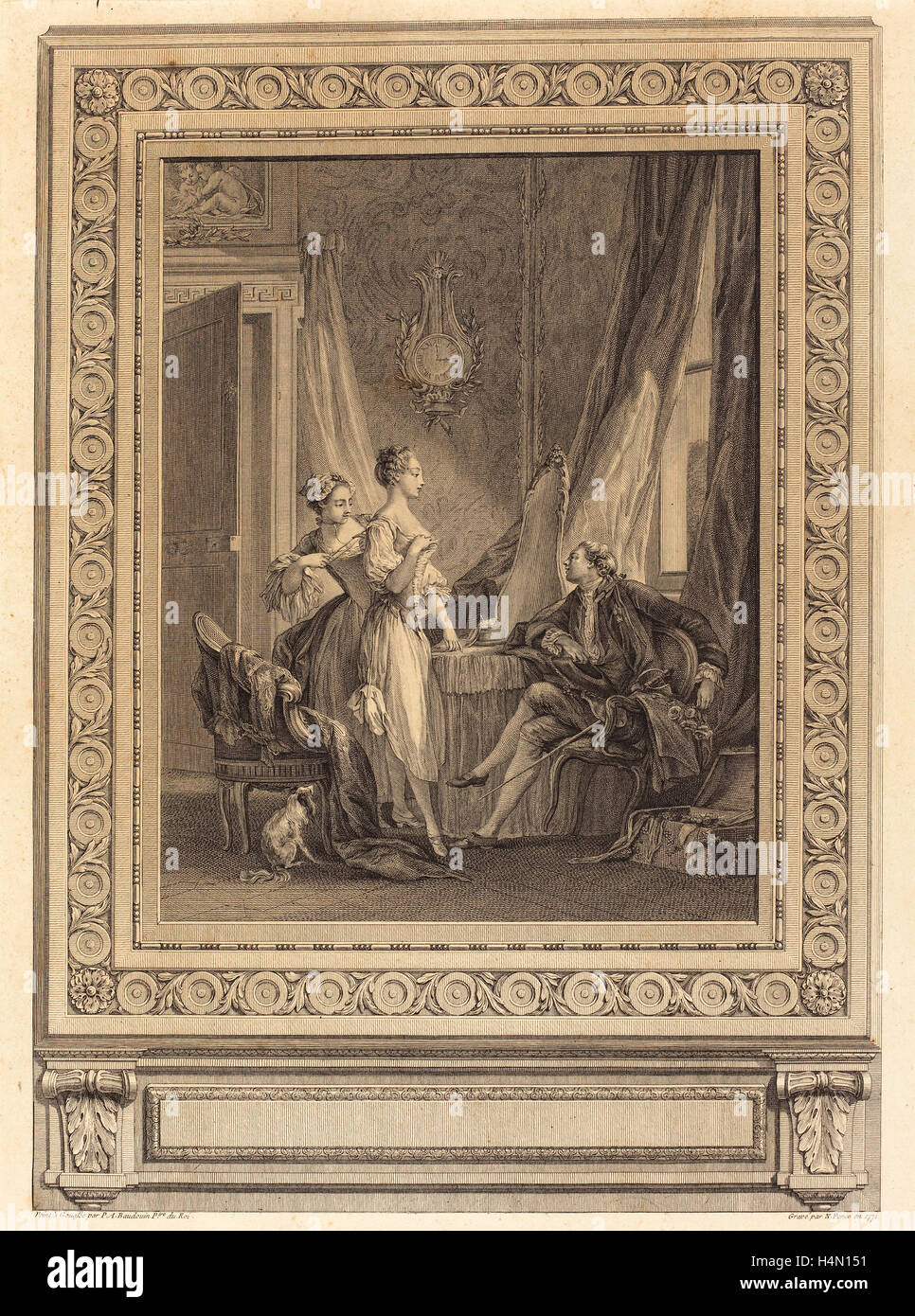 Nicolas Ponce nach Pierre-Antoine Baudouin mit Rand von Charles-Nicolas Cochin II (Französisch, 1715 – 1790), La Toilette, 1771 Stockfoto