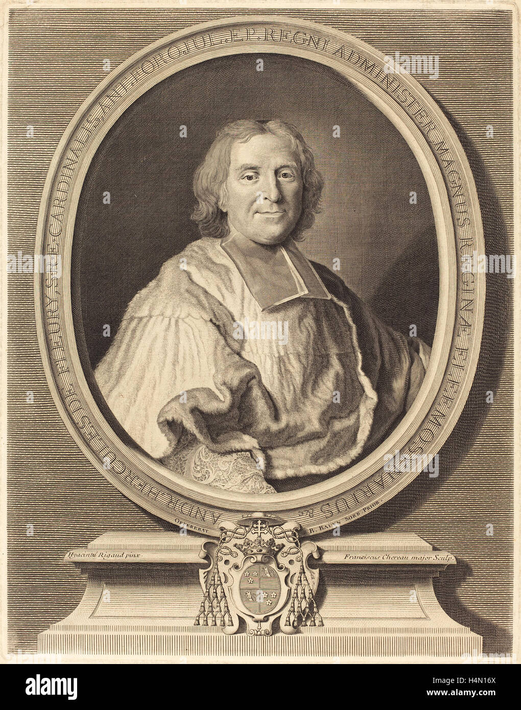 François Chereau ich nach Hyacinthe Rigaud (Französisch, 1680-1729), Kardinal Fleury, Gravur Stockfoto