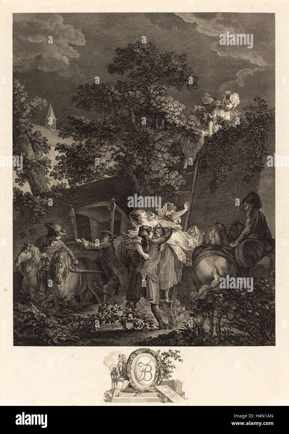 Nicolas Ponce nach Pierre-Antoine Baudouin (Französisch, 1746-1831), L'enlevement Nocturne, 1780, Ätzen und Gravur Stockfoto