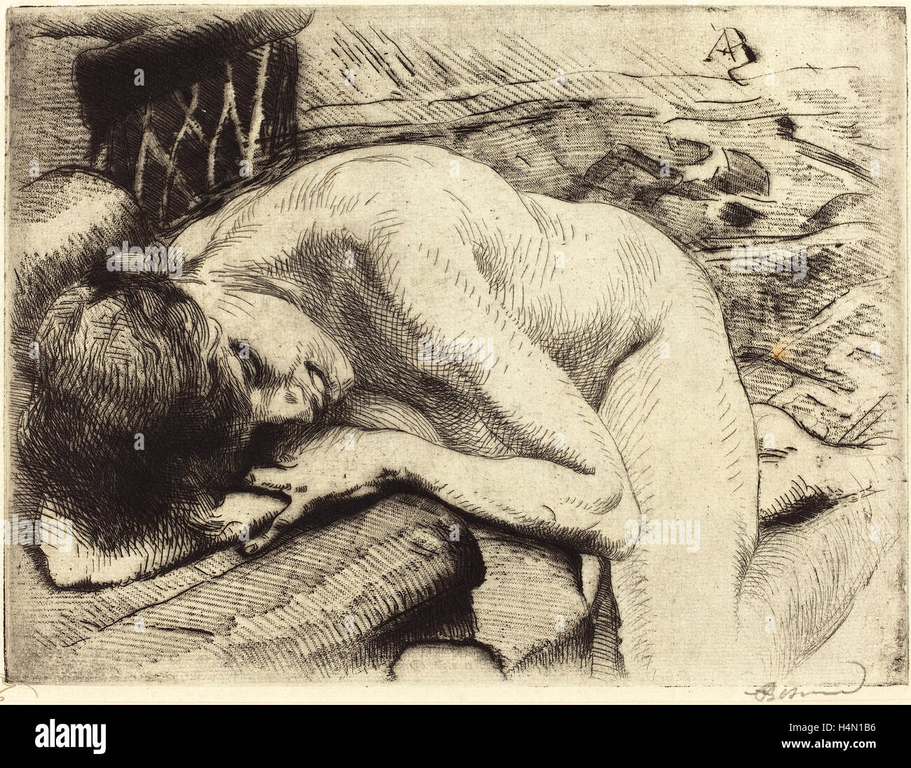 Albert Besnard (Französisch, 1849-1934), Modell schlafend auf dem Boden (Le Modèle Endormi À Terre), roulette 1885, Ätzen, Stockfoto