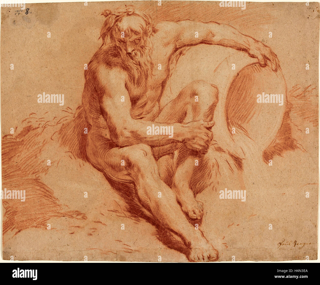 Paul Troger (Austrian, 1698-1762), Flussgott, c. 1720, Rötel verstärkt auf Haferflocken Papier weiß Stockfoto