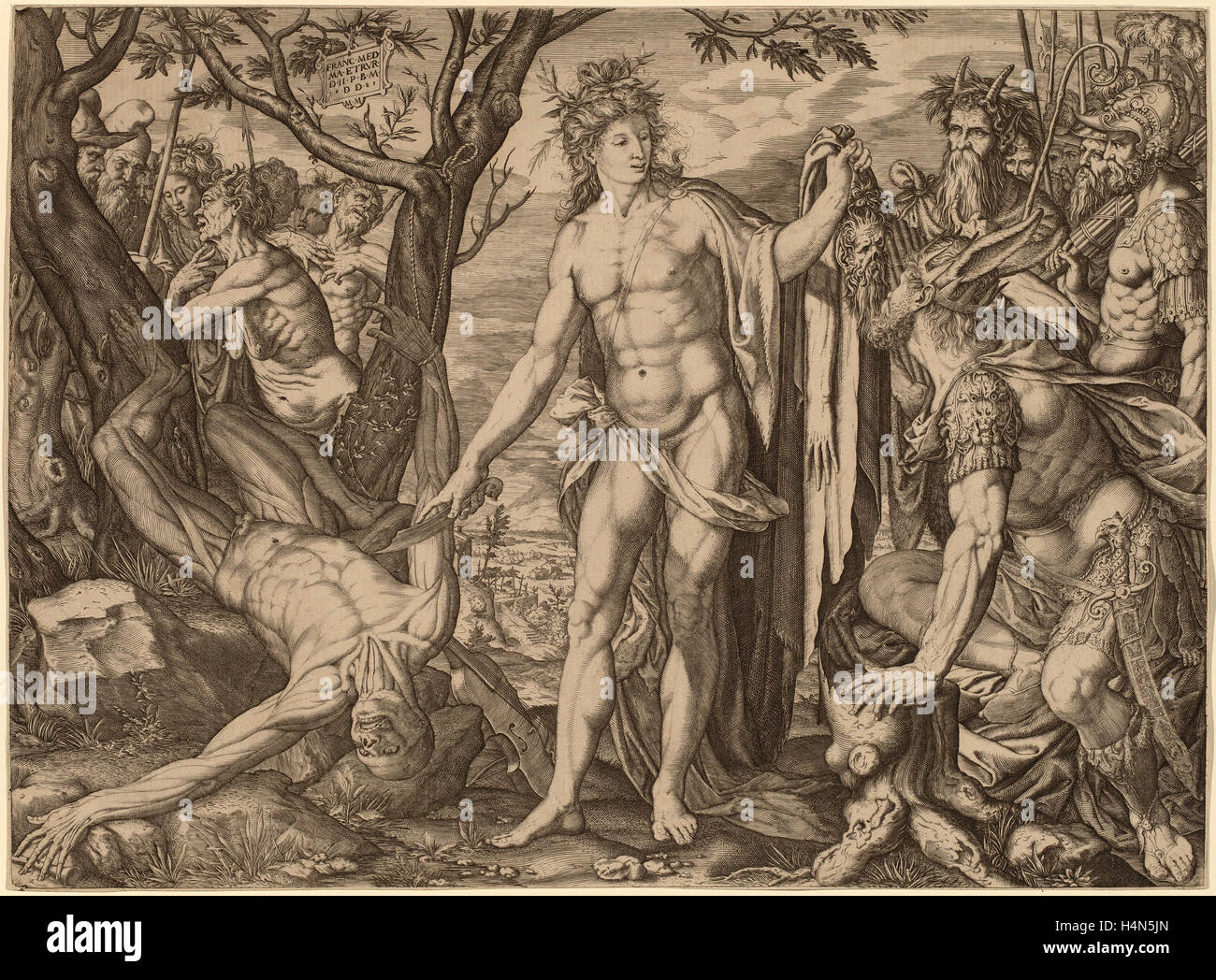 Melchior Meier, Apollo und Marsyas, Schweizer, aktive 1582, 1581, Gravur auf Bütten Stockfoto