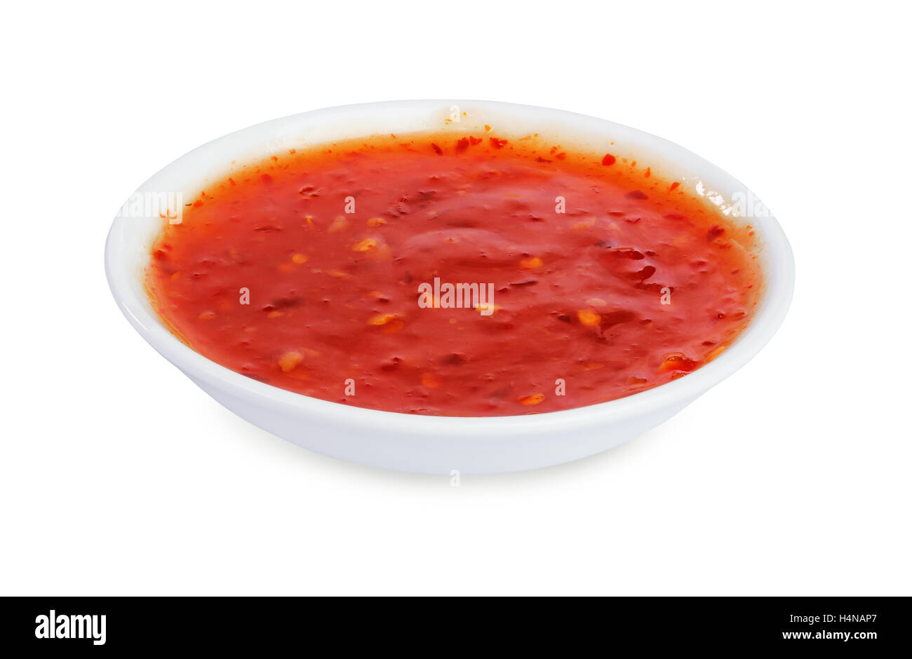 Red hot Chilisoße isoliert auf weißem Hintergrund Stockfoto