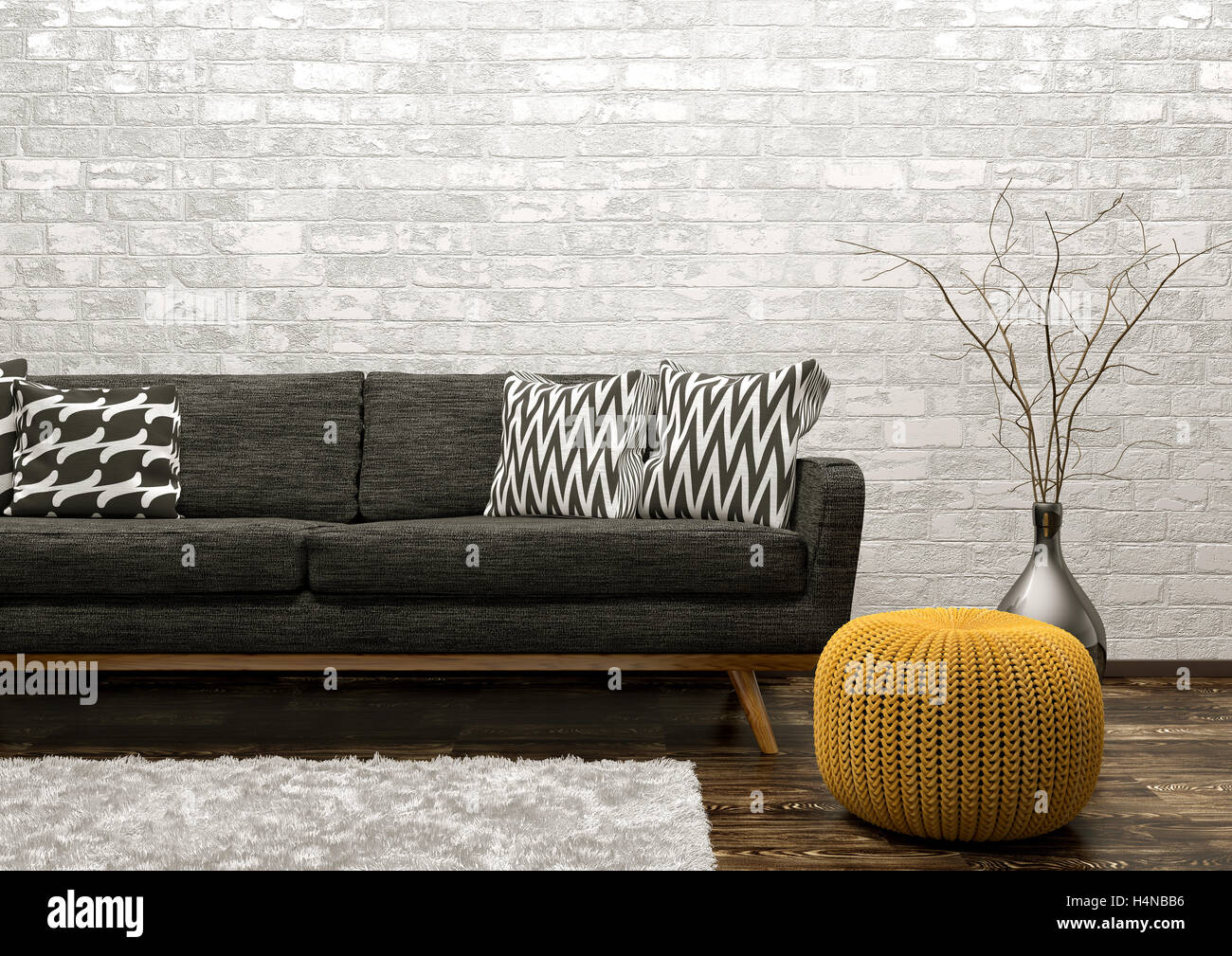 Modernes Interieur aus Wohnzimmer mit schwarzen Sofa, Teppich und  gestrickte Pouf über White Brick Wall 3D-Rendering Stockfotografie - Alamy