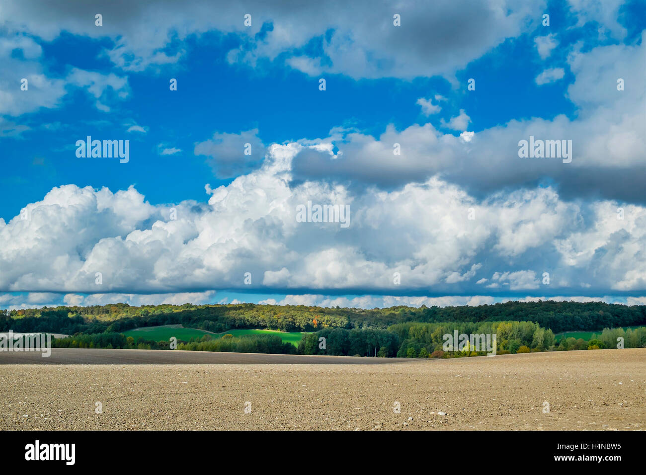 Sommerhimmel mit Cumulus und Cumulonimbus Calvus regen Wolken - Frankreich. Stockfoto