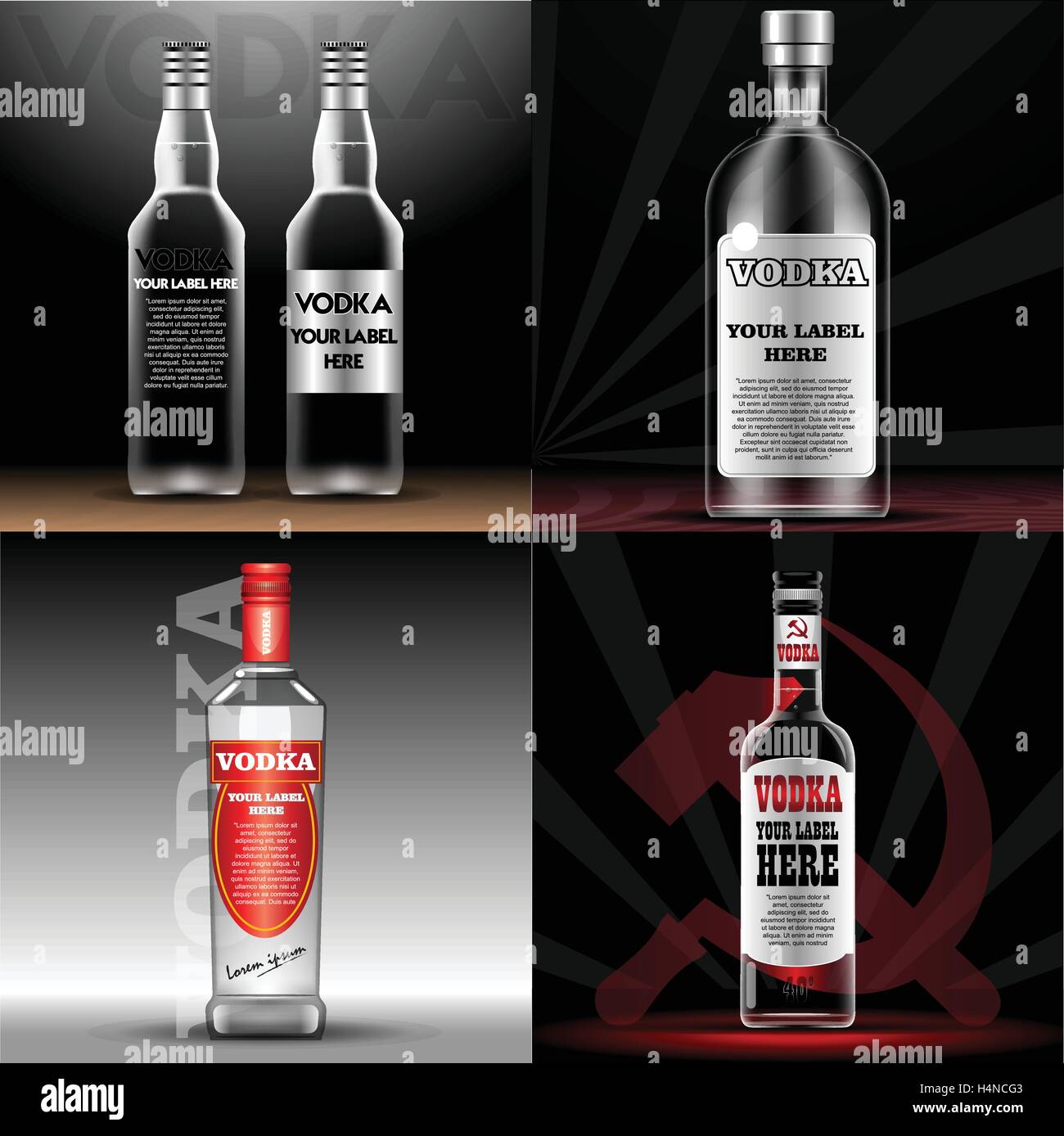 Vektor-rot und transparent Vodka Flasche Mock-up mit Ihrem Label hier Text.  Silberne Flasche mit Verschluss über schwarzen Hintergrund  Stock-Vektorgrafik - Alamy