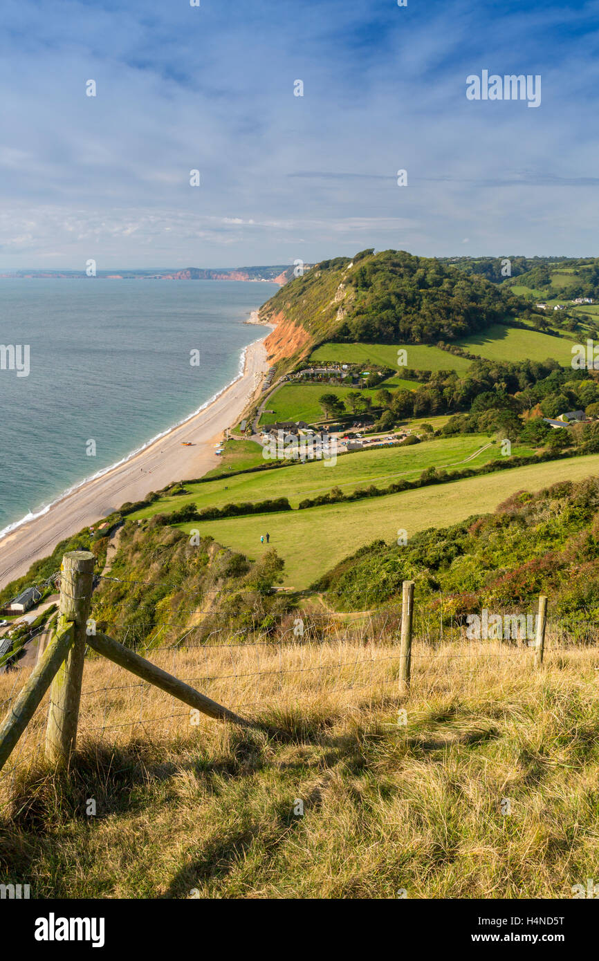 Blick hinunter auf Branscombe Mund vom East Cliff an der Jurassic Küste von South Devon, England, UK Stockfoto