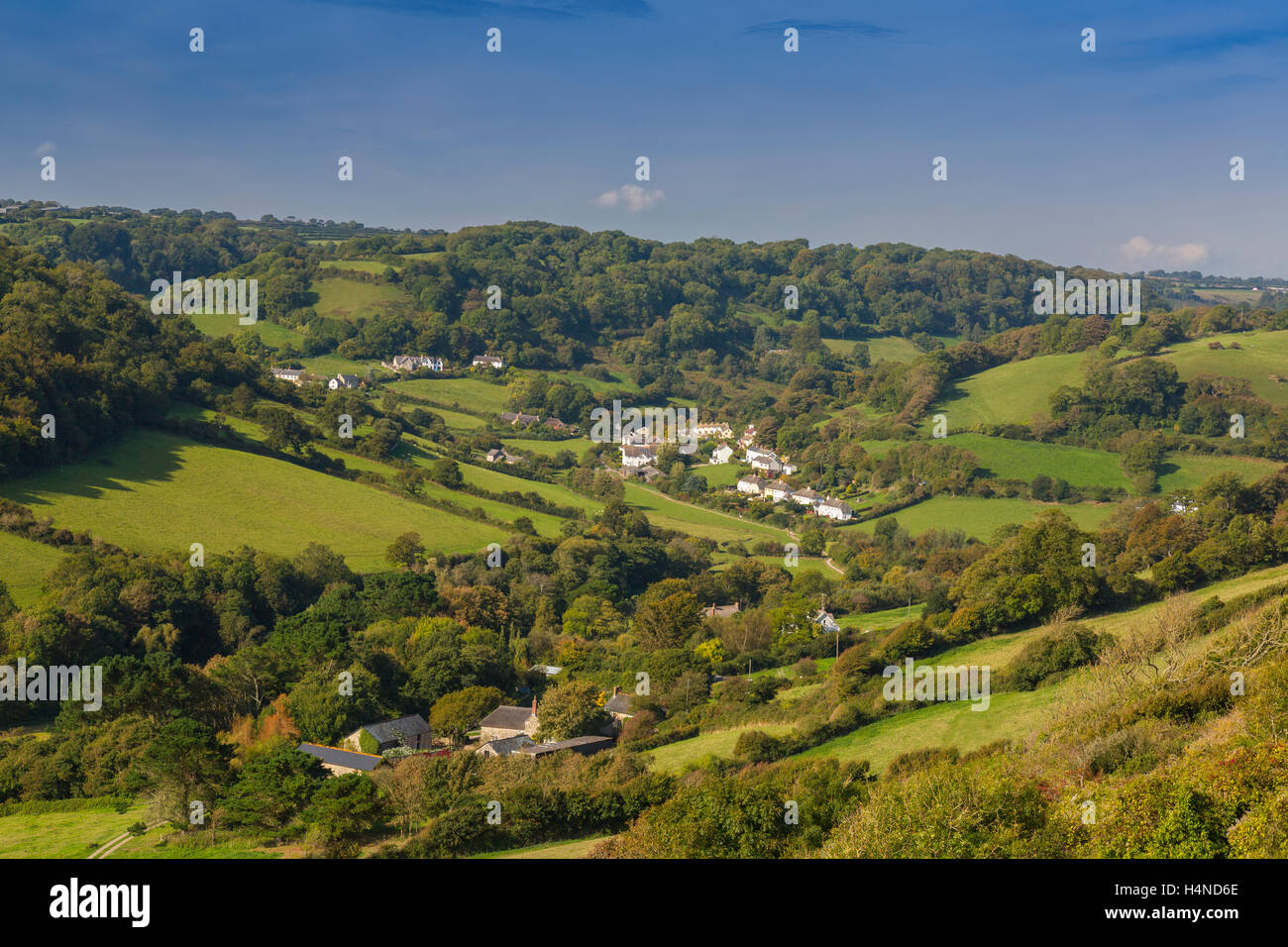 Branscombe Dorf liegt in einem bewaldeten Tal oder Combe vor an der Jurassic Küste von South Devon, England, UK Stockfoto