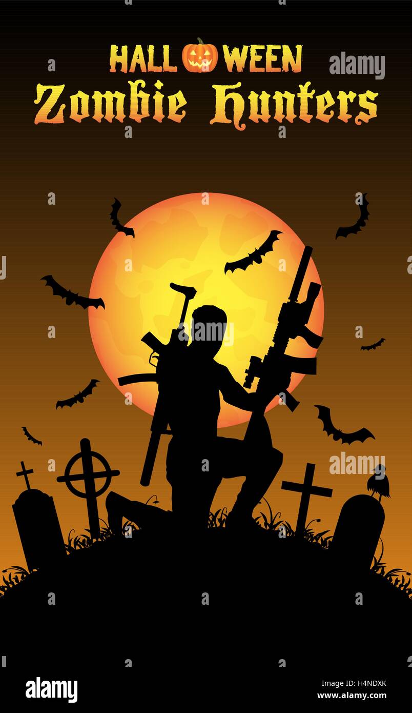 Halloween Zombie-Jäger mit Maschinengewehr auf dem Friedhof Stock Vektor