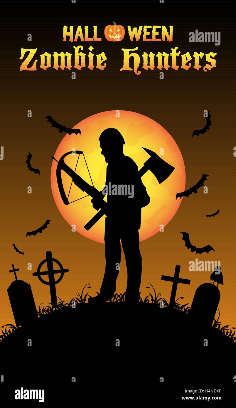 Halloween Zombie-Jäger mit Armbrust auf dem Friedhof Stock Vektor