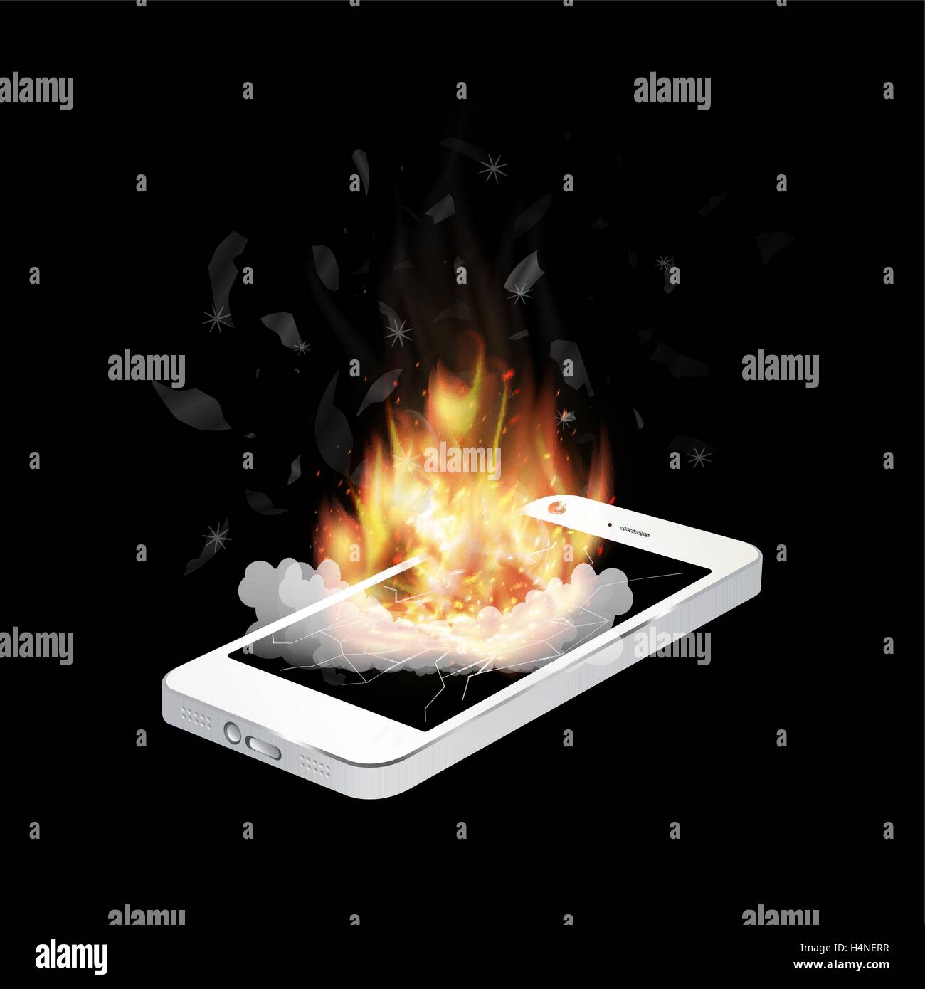 gebrochene Smartphone Explosion mit Feuer Stock Vektor