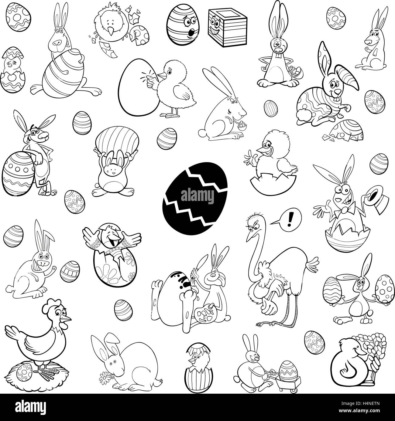 Schwarz / Weiß Cartoon Illustration von Ostern Figuren und Objekten Clip Art Set Stock Vektor