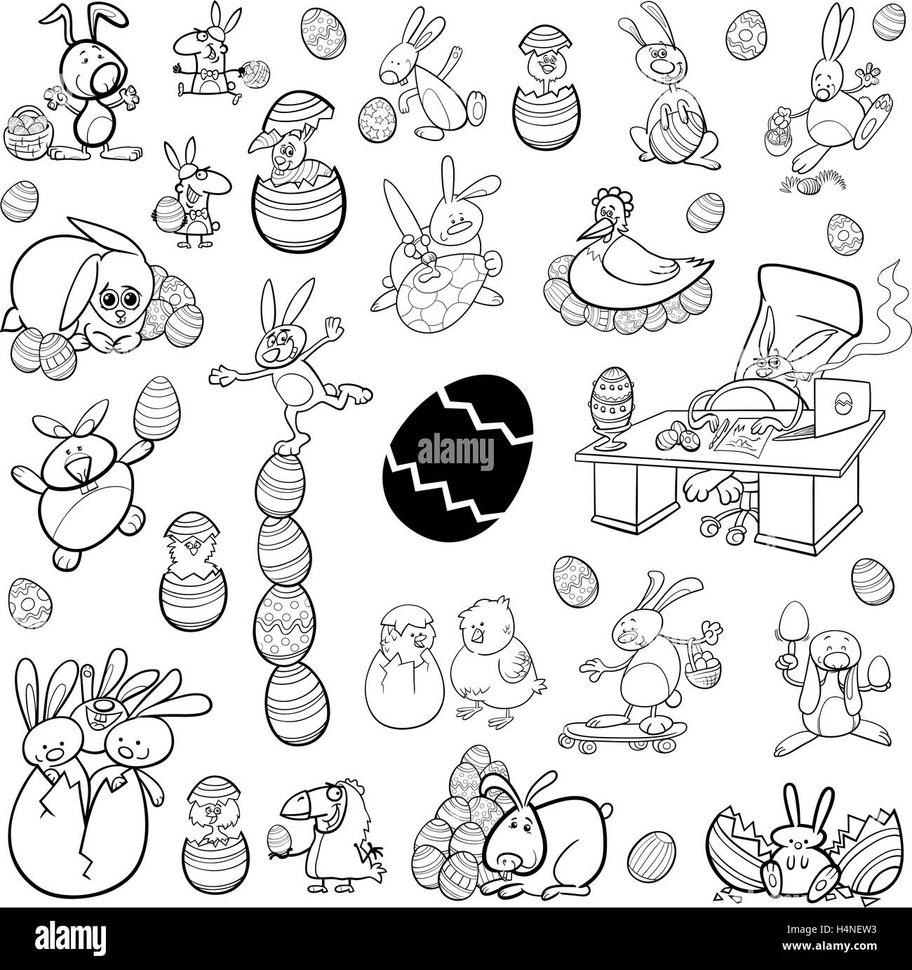 Schwarz / Weiß Cartoon Illustration von Ostern Charaktere und Themen Clip Art Set Stock Vektor