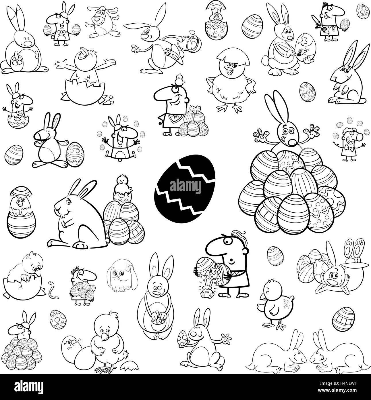 Schwarz / Weiß Cartoon Illustration Ostern Zeichen und Design-Elemente Clip Art Set Stock Vektor