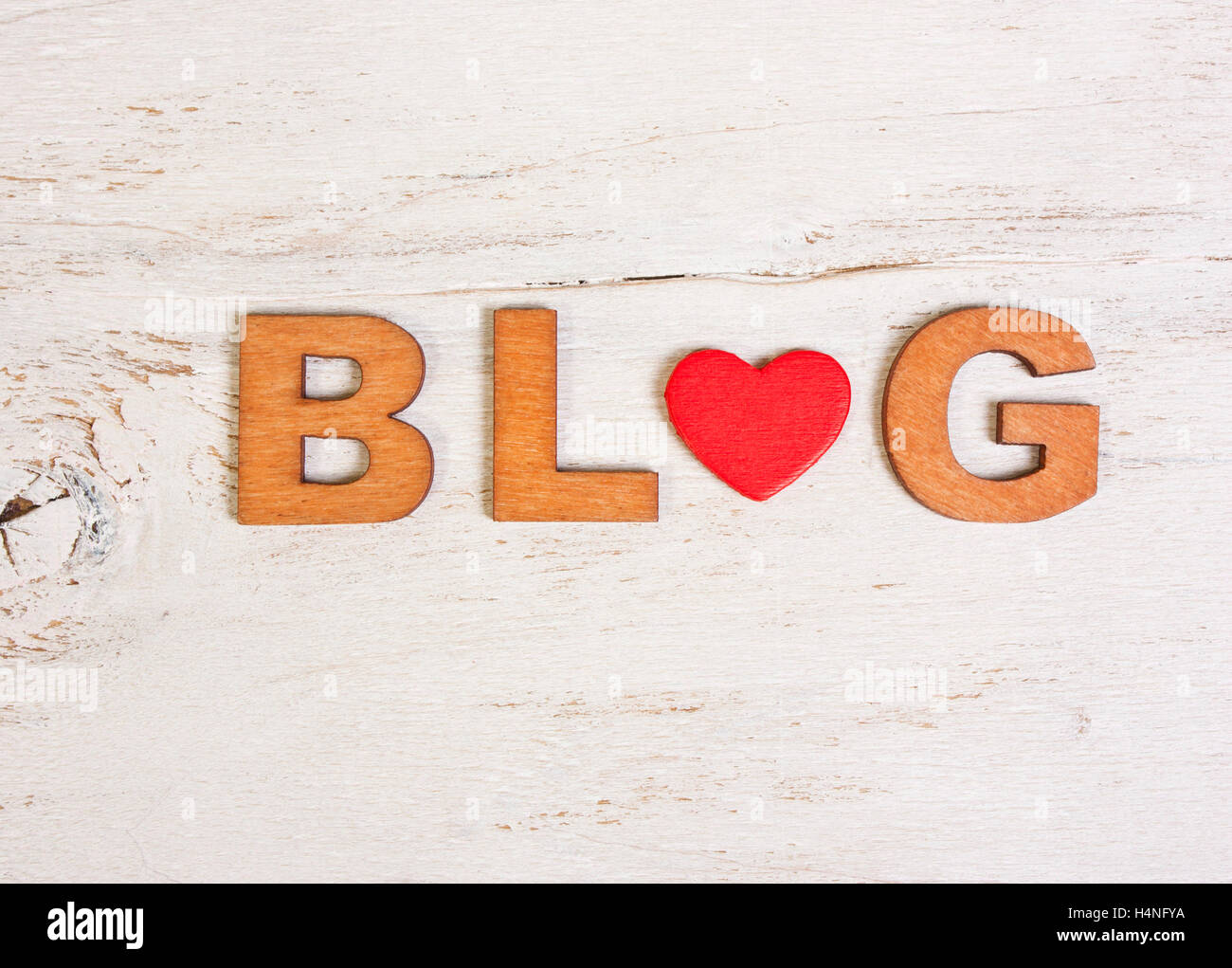das Wort Blog mit hölzernen Buchstaben auf einem weißen Hintergrund alte hölzerne Stockfoto