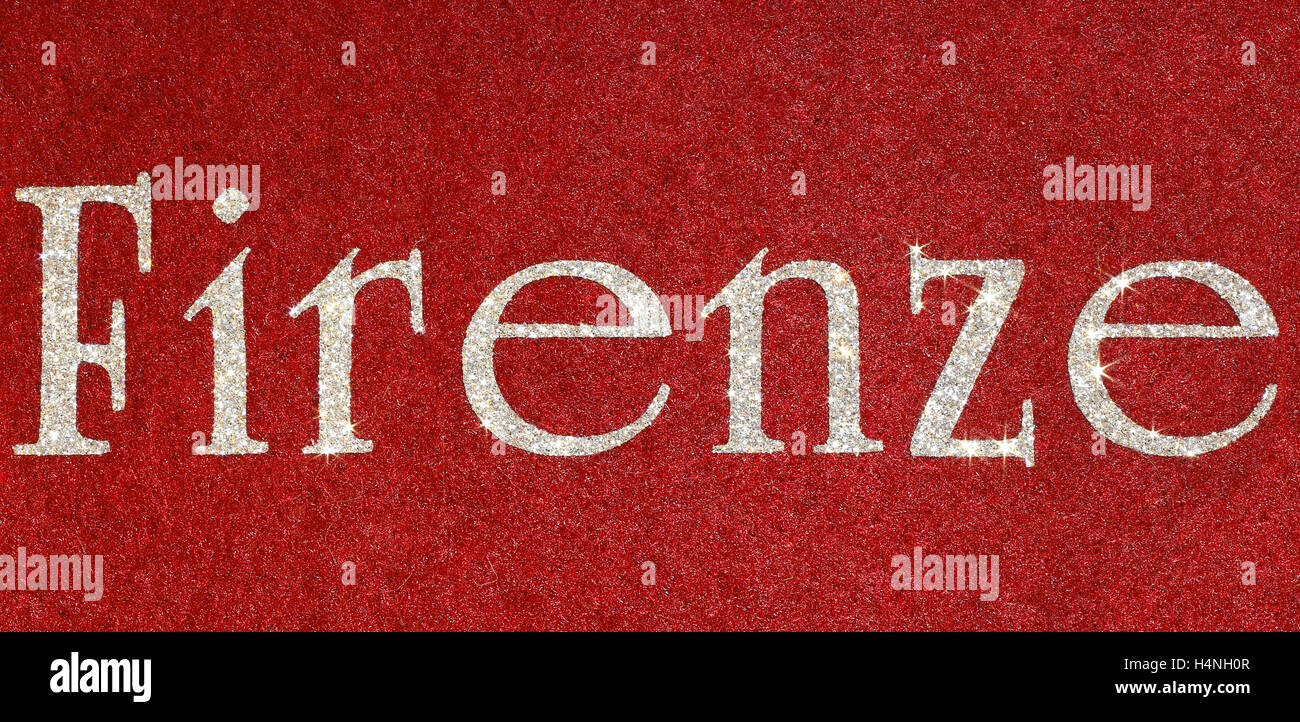 Firenze-geschrieben von einer italienischen Stadt auf rotem Stoff Hintergründe und Charaktere in Glitzer Stockfoto