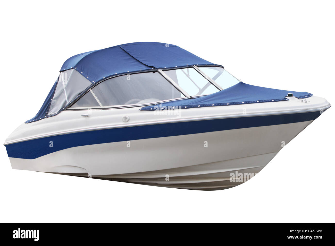 Blaue Motorboot isoliert auf weißem Hintergrund. Stockfoto