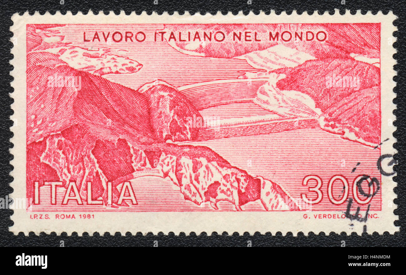 Eine Briefmarke gedruckt in Italien zeigt italienische Arbeit in der Welt, 1981 Stockfoto