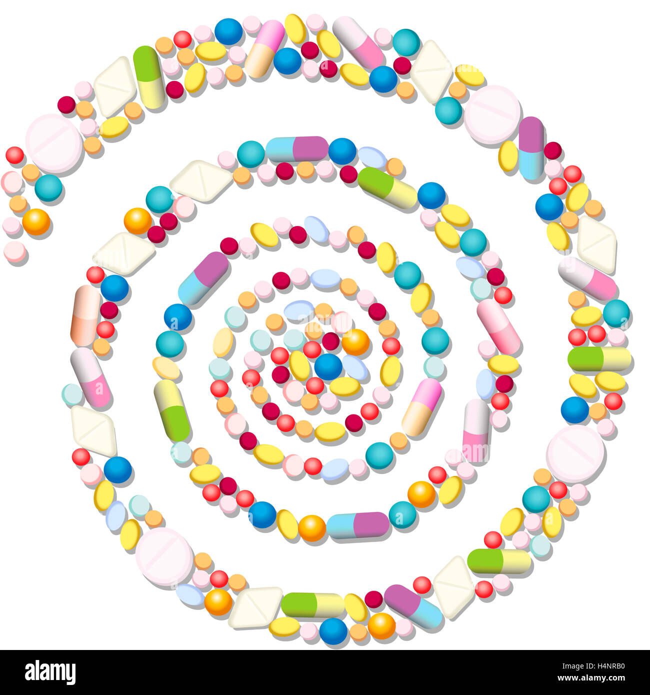 Spirale mit vielen Pillen, Tabletten und Kapseln. Stockfoto