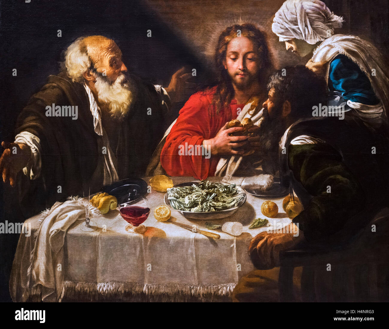"Christus und die Jünger von Emmaus" durch ein Nachfolger von Caravaggio, vor 1614 oder c 1621. Der Künstler, möglicherweise Genuesischen, wurde von der Niederländischen Nachfolger Caravaggio beeinflusst. Stockfoto