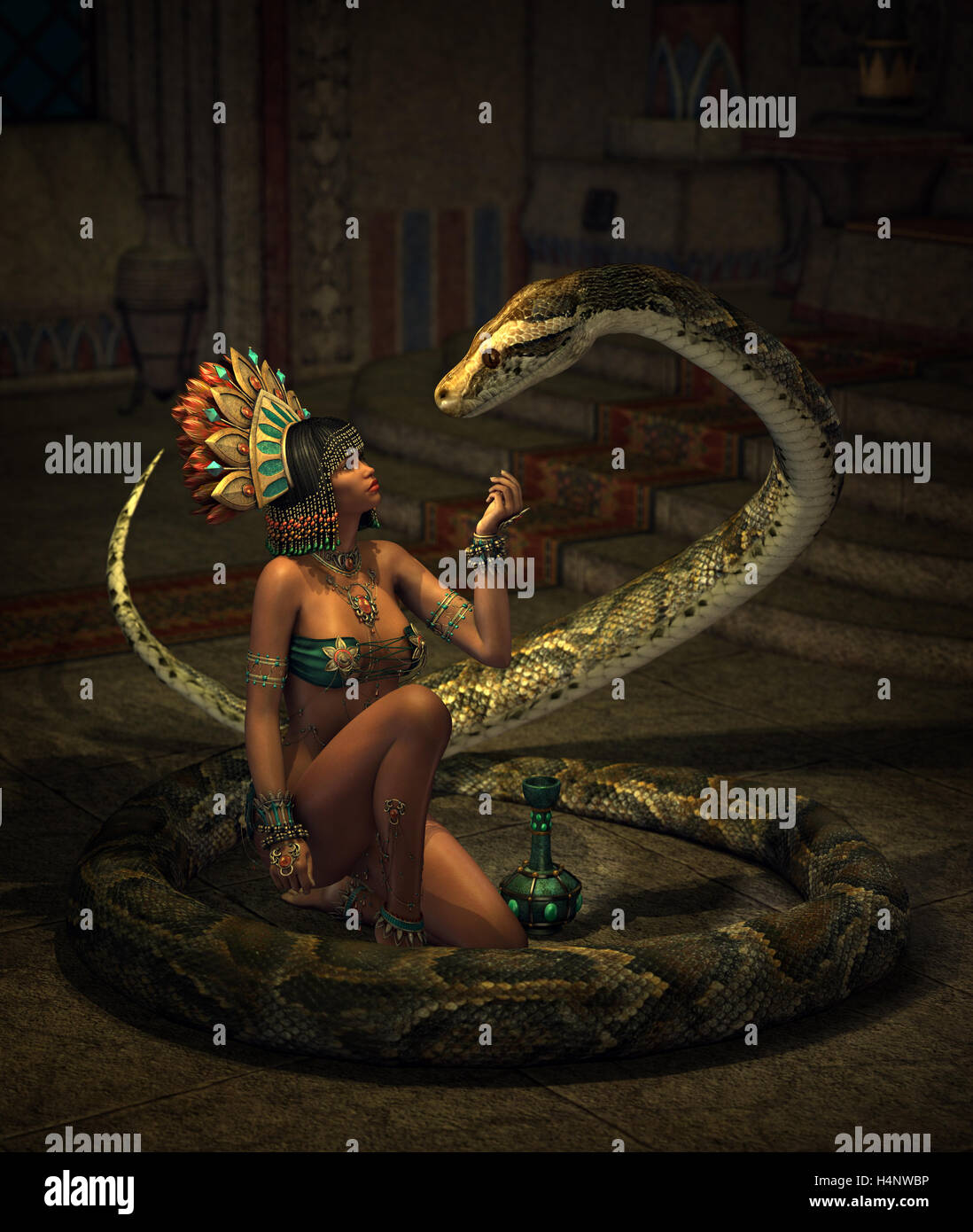 3D Computergrafik einer Fantasy-Szene mit Mädchen und Schlange Stockfoto