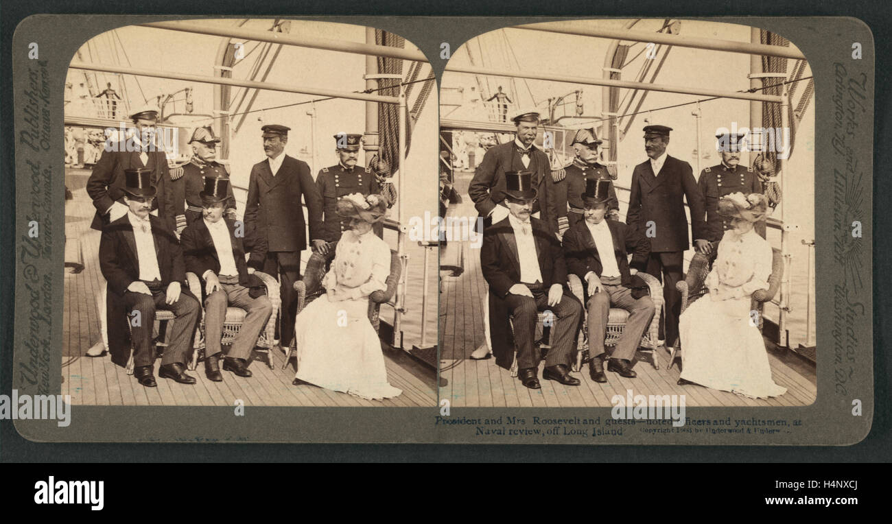 Präsident und Frau Roosevelt und Gäste - bekannte Offiziere und Segler am Naval Review of Long Island Stockfoto