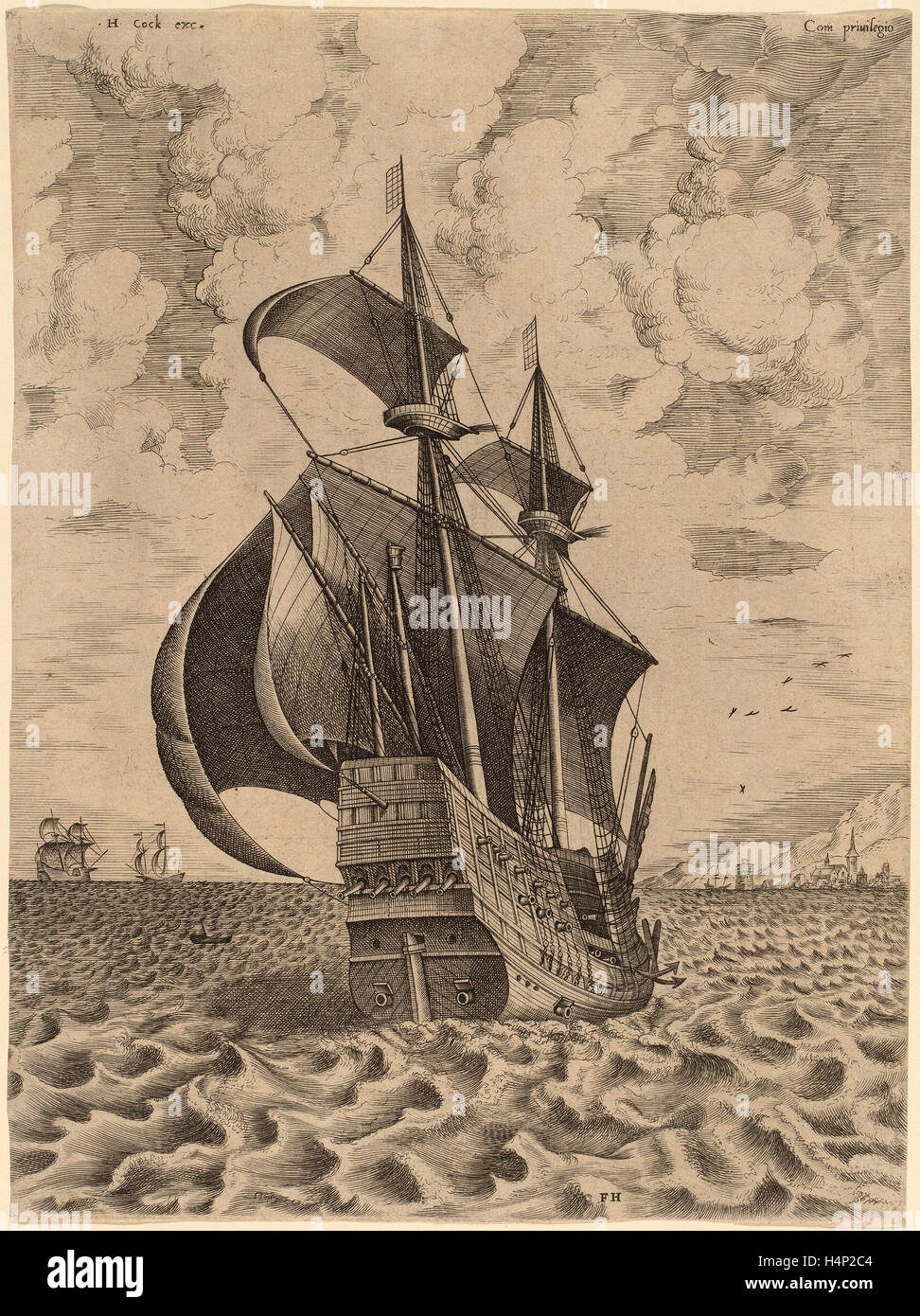 Frans Huys nach Pieter Bruegel der ältere (Flämisch, 1522-1562), bewaffnete Viermastbark Segeln in Richtung eines Hafens, 1565, Gravur Stockfoto