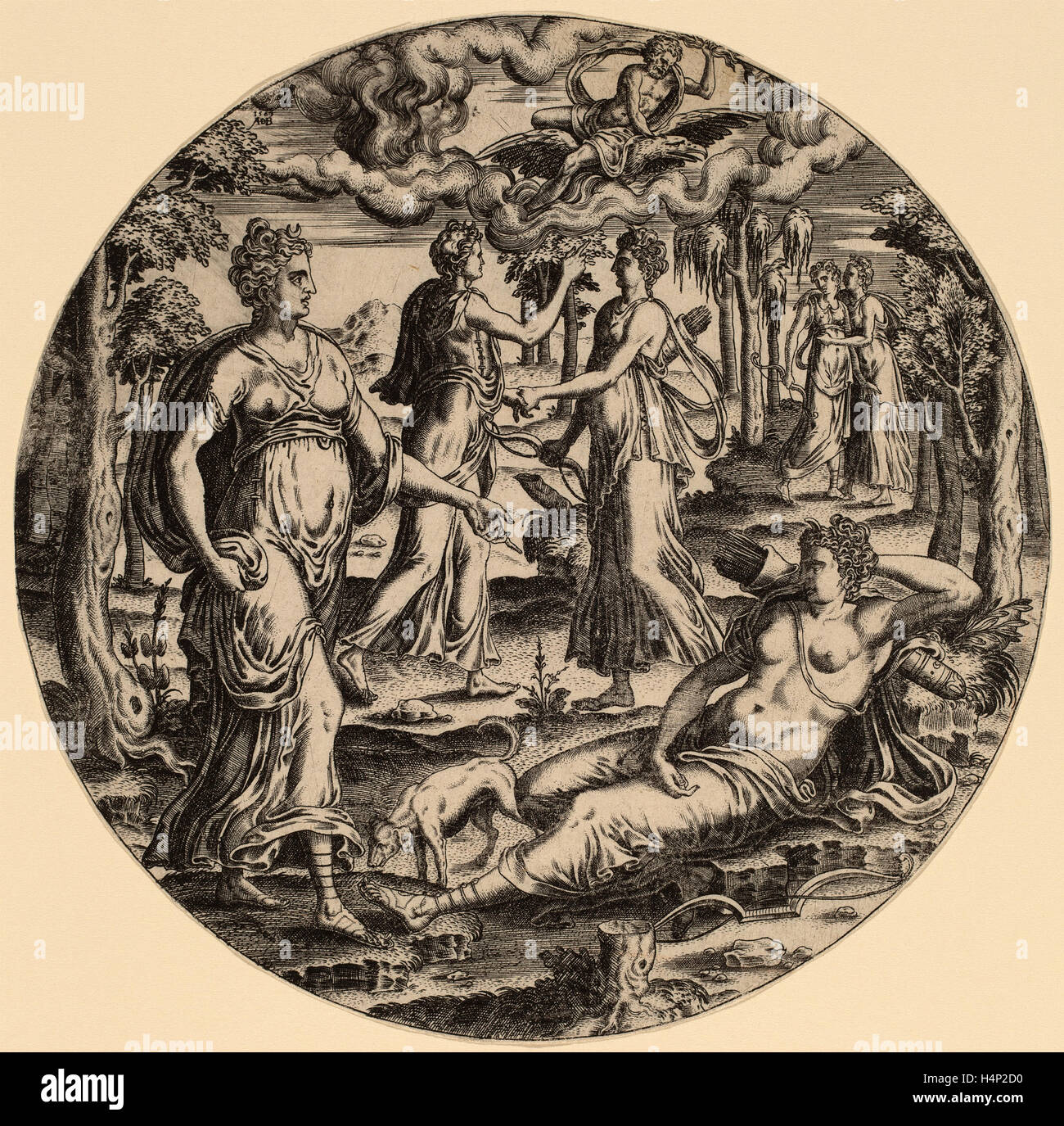 Abraham de Bruyn (Flämisch, 1540-1587), Diana und ihre Nymphen in einem Garten, Gravur 1569, Stockfoto