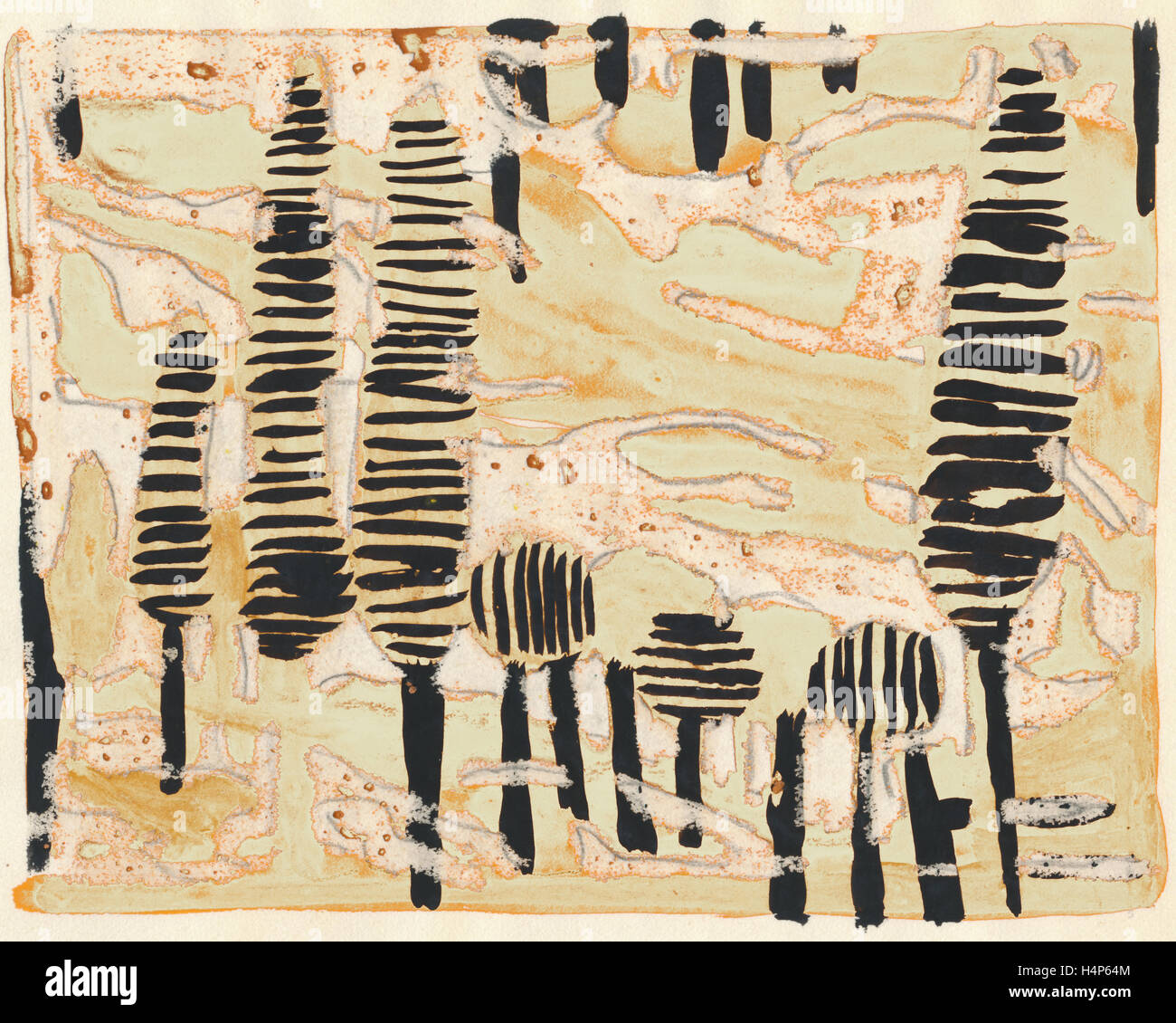 Tania Lam, expressionistische Landschaft mit Bäumen und gelben Himmel. Ihre zeitgenössische Kunst neigt zur Abstraktion. Stockfoto