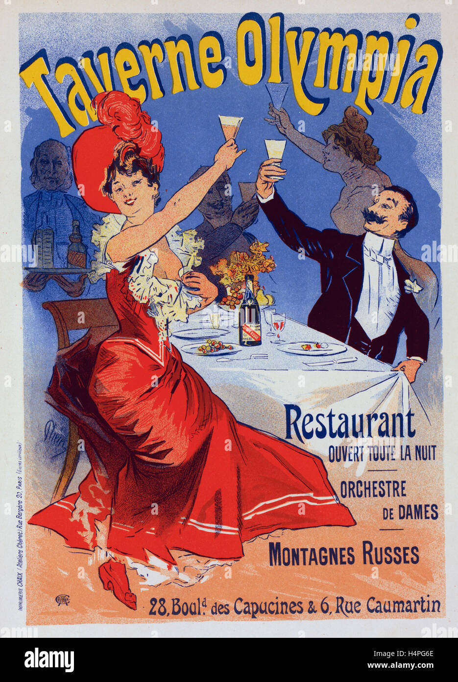 Plakat zur Taverne Olympia. Chéret, Jules (1836 – 1932), französischer Maler und Lithograph Stockfoto