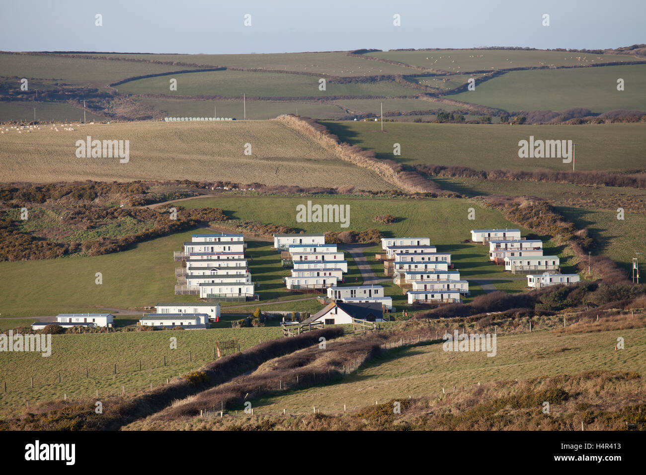 Mobilheime auf Newgale, Pembrokeshire Stockfoto