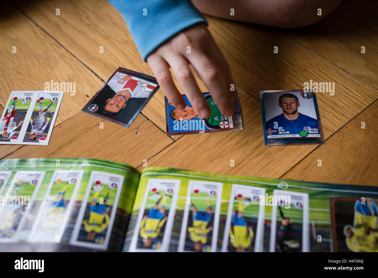 Ein 8 Jahre alter Junge ist in seinem Aufkleber Sammlung Sammelalbum UEFA Euro 2016 Panini Fußball-Sammelkarten einfügen. Stockfoto
