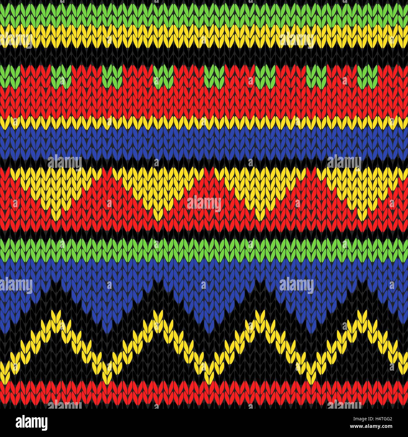 Nahtlose stricken geometrische bunten hellen Vektormuster in gelb, grün, blau, gesättigte rote und schwarze Farben als ein knitte Stock Vektor