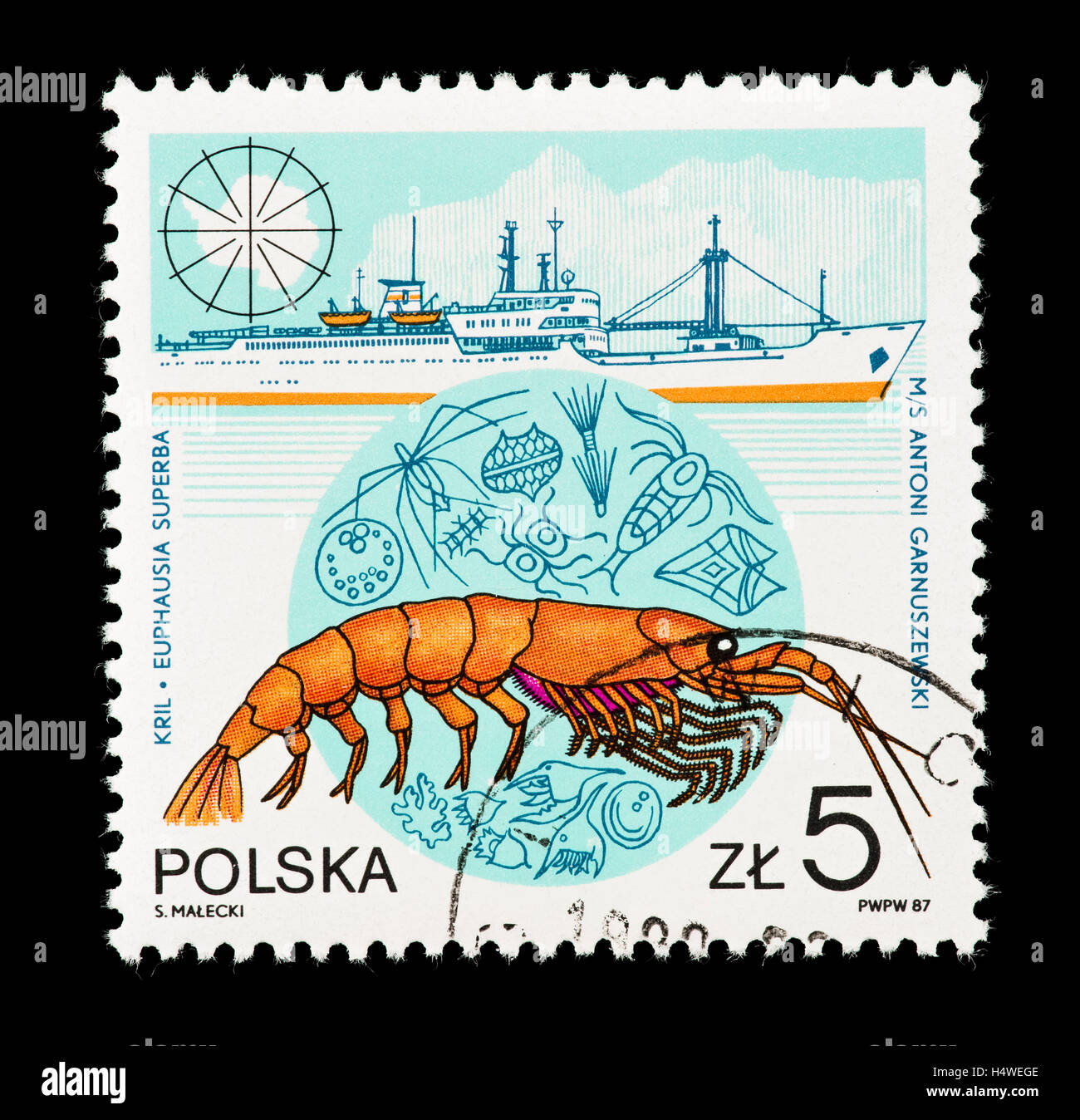 Briefmarke aus Polen Darstellung antarktische Krill (Euphausia Superba) und Training Frachter Antoni Garnuszewski, Stockfoto