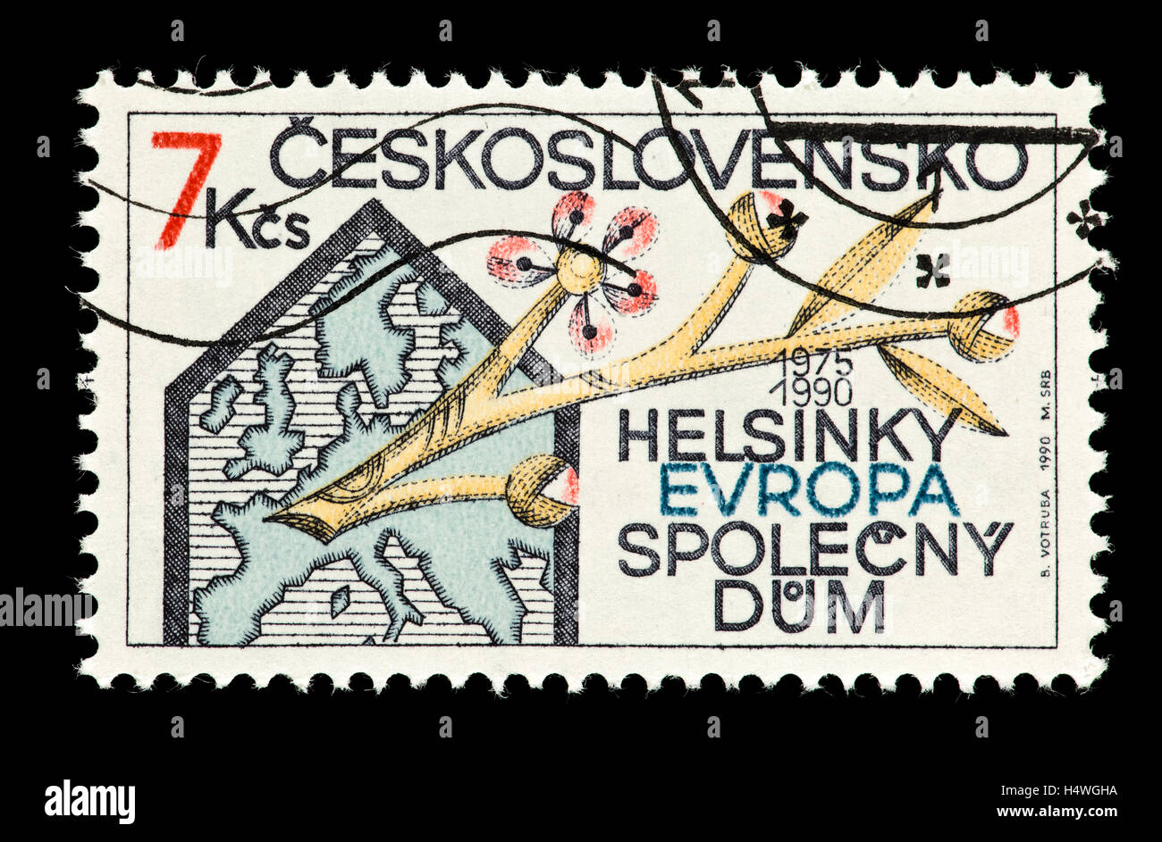 Briefmarke aus der Tschechoslowakei, die Darstellung einer Karte von Europa und Baum Zweig, 15' Jahrestag der Konferenz von Helsinki. Stockfoto Briefmarke aus der Tschechoslowakei, die Darstellung einer Karte von Europa und Baum Zweig, 15' Jahrestag der Konferenz von Helsinki. Stockfoto