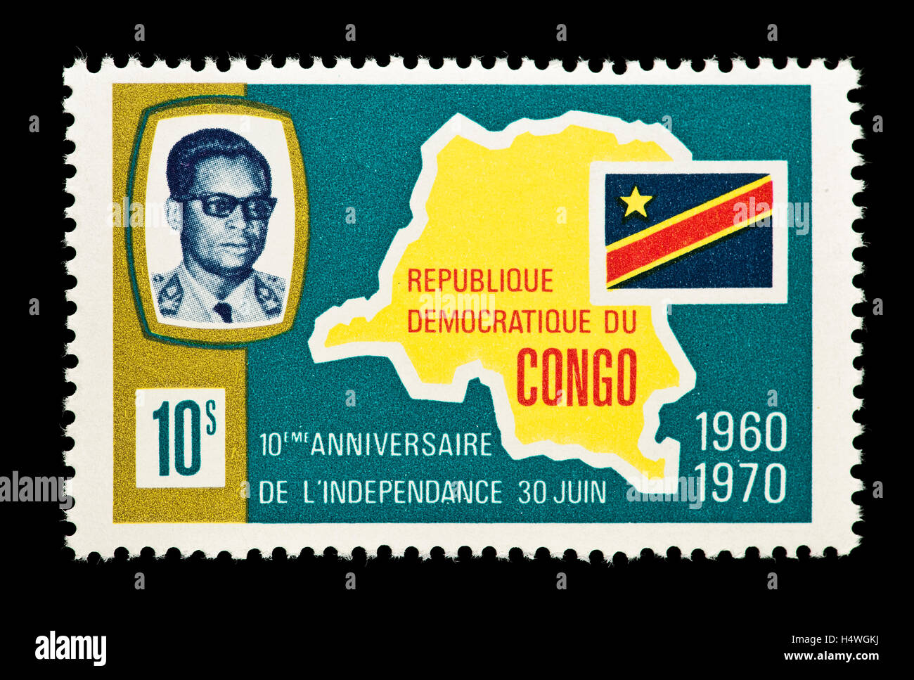 Briefmarke aus dem Kongo Darstellung Präsident Mobutu, Landkarte und Flagge, 10' Jahrestag der Unabhängigkeit. Stockfoto