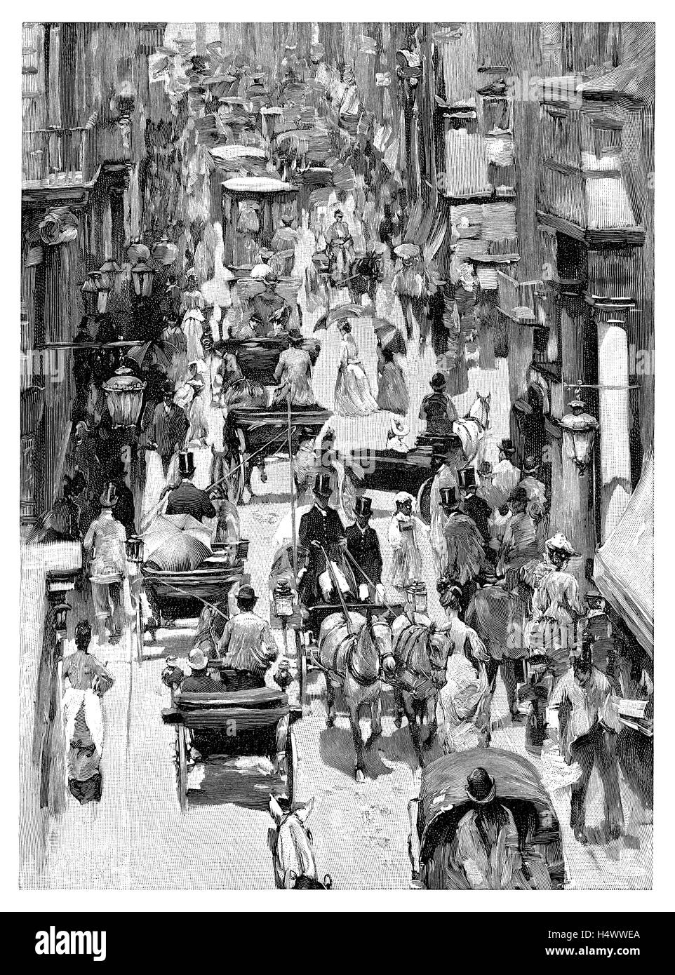 1891 schwarz-weiß Gravur der Via Del Corso in Rom, Italien Stockfoto