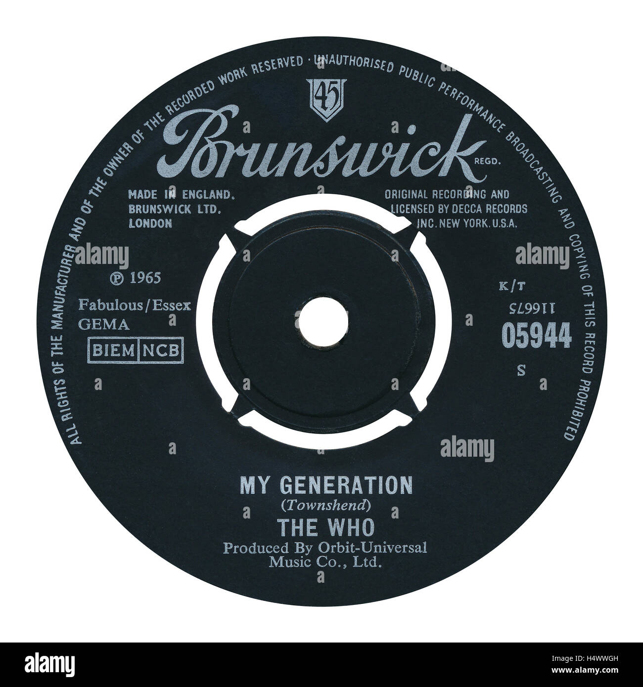 45 u/min 7' UK Plattenfirma My Generation von The Who auf das Brunswick Label von 1965 Stockfoto