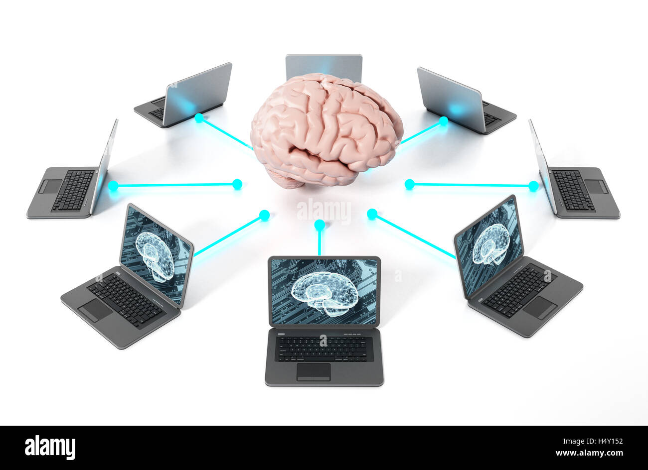 Gehirn an die Laptopcomputer angeschlossen. 3D Illustration. Stockfoto