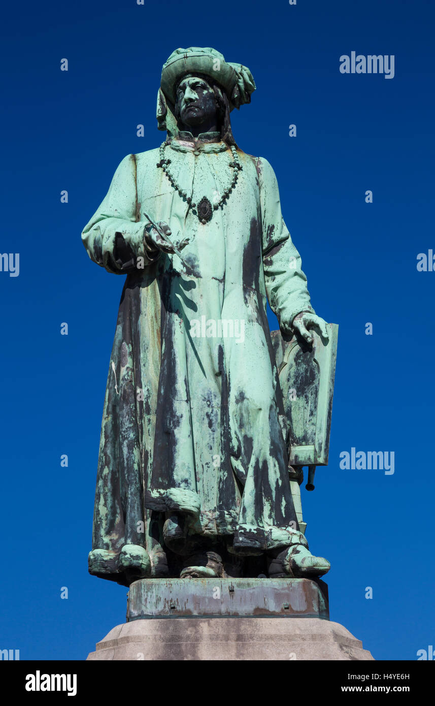 Statue von Jan Van Eyck in Brügge, Belgien Stockfoto