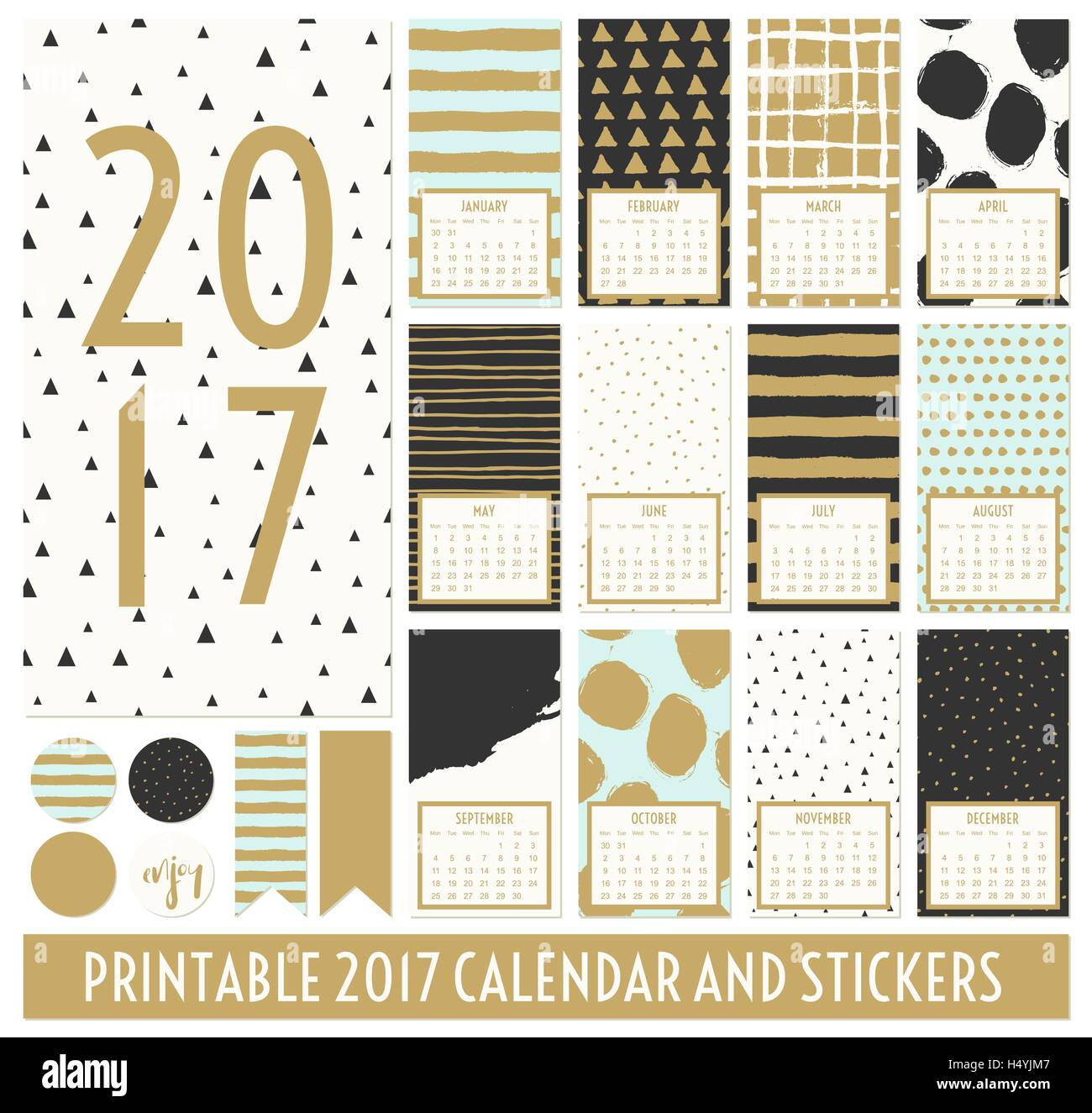 Zwölfmonatigen 2017 Kalendervorlage. Handgezeichnete Muster in schwarz, Gold, Pastell blau und Creme. Passende Runde Sticker und Re Stock Vektor